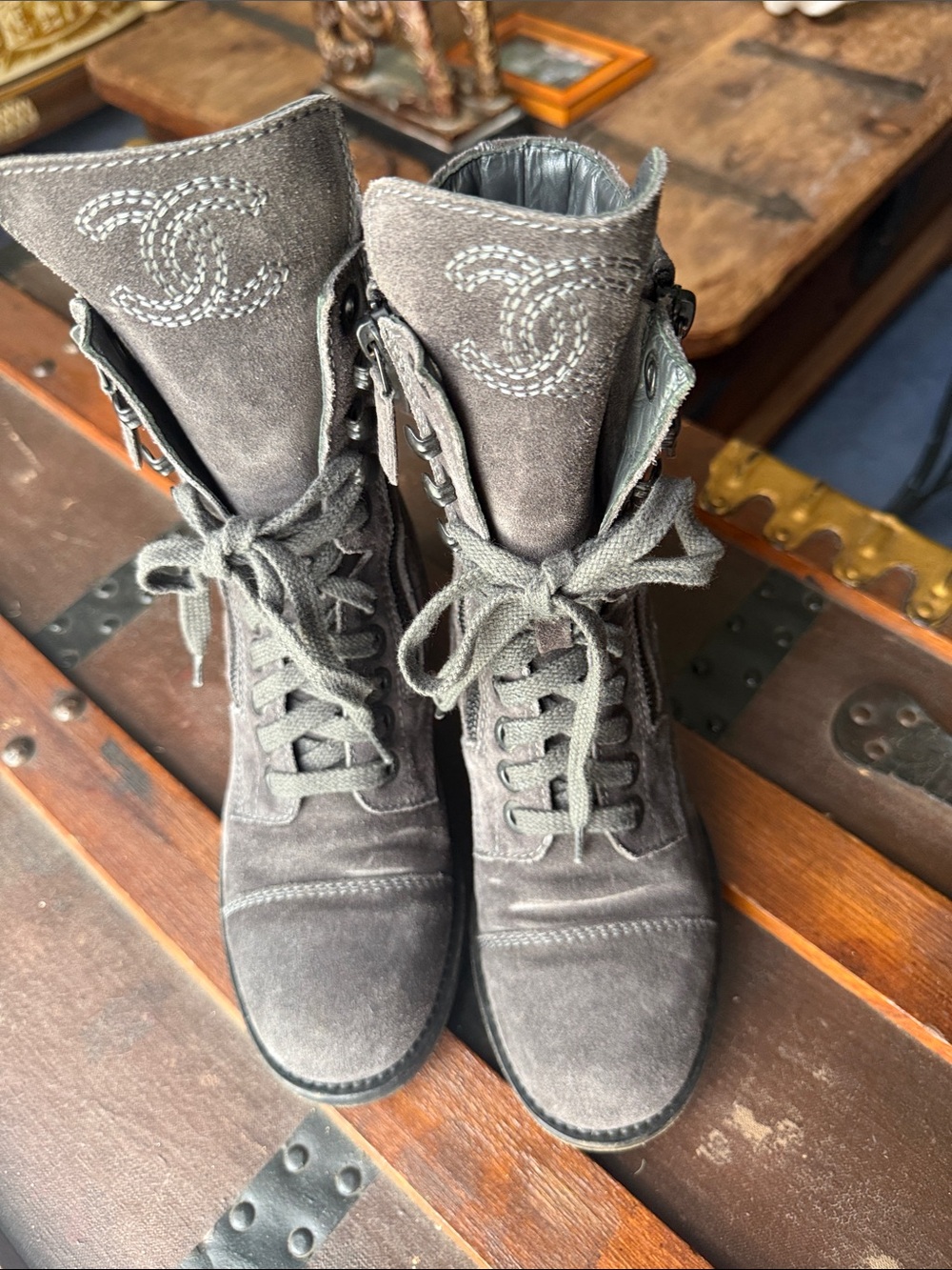 CHANEL Gray Suede Lace-Up Ankle Boots with CC Stitching- combat boot